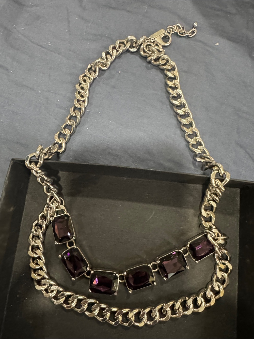 Silver-Tone layered Chain Necklace with Purple Gemstones